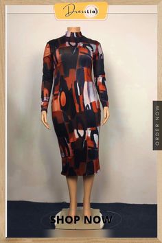 Women's Printed O-neck Long-sleeved High Waist Bodycon Dress Casual Long Sleeve Bodycon Midi Dress, Printed Stretch Dresses For Fall, Fall Stretch Printed Dresses, Fitted Multicolor Bodycon Dress For Fall, Fitted Long Sleeve Mini Dress With Abstract Print, Long Sleeve Dresses With Abstract Print For Party, Multicolor Long Sleeve Stretch Dress, Printed Long Sleeve Midi Dress For Party, Long Sleeve Printed Midi Dress For Party