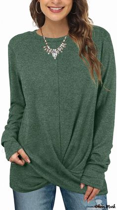 Olivia Mark - Round Neck Long Sleeve Casual Sports Knotted Shirt Top Green Stretch Plain Tops, Green Stretch Casual Shirt, Casual Stretch Green Shirt, Casual Green Stretch Shirt, Knotted Shirt, Casual Activewear, Sport Sweater, Knot Design, Sports Shirt