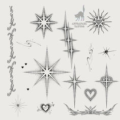 the star tattoos are drawn in pencil and ink with hearts, stars, and other designs