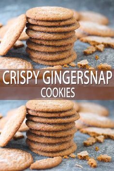 crispy ginger snapsnap cookies stacked on top of each other with text overlay