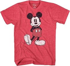 a red mickey mouse t - shirt with a black and white image on the front