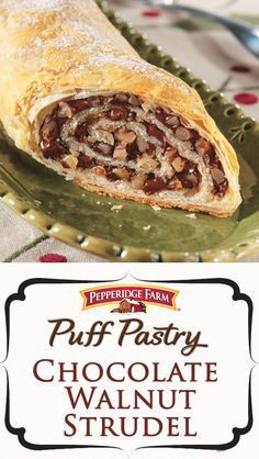 puff pastry chocolate walnut strudel on a plate