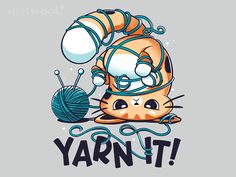 an orange and white cat with yarn on it's head is playing with a ball of