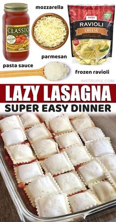 lasagna casserole in a pan with text overlay that says lazy lasagna the best dinner you'll ever make