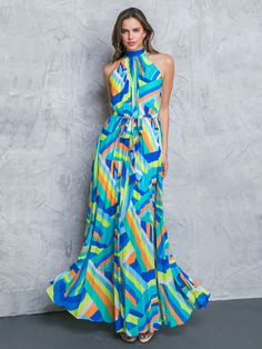 Printed Pleated Woven Halter Maxi Dress - Flying Tomato | New York & Company Vibrant Print Halter Neck Dress For Spring, Spring Halter Neck Dress With Vibrant Print, Vibrant Halter Neck Spring Dress, Chic Halter Neck Dress With Vibrant Print, Vibrant Multicolor Halter Neck Dress, Multicolor Lined Dresses For Vacation, Lined Multicolor Summer Dress, Flowy Multicolor Lined Dresses, Multicolor Flowy Lined Dress