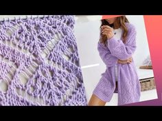 a woman is standing next to a crocheted blanket and wearing a purple sweater