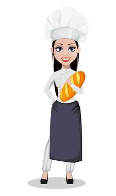 a woman holding a loaf of bread and wearing a chef's hat on her head