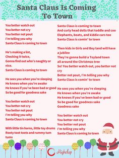 santa claus is coming to town poem with balloons and trees in the background for christmas