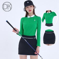 a woman in a green shirt and black skirt holding a golf clubs club driver's hat