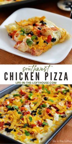 the chicken pizza is ready to be eaten on the plate and served in the casserole dish