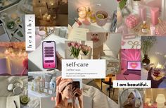 a collage of photos with pink and white items on them, including candles, flowers, perfume bottles, vases and other things