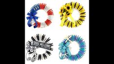 four different colored hair ties in various shapes and sizes