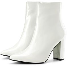 This lacquer technology of patent leather shows one kind of luxury. The comfortable insole relieves your pain after a whole-day walk. With the mirror surface, and just the right height, these ankle boots are well paired with dresses, jeans, or skirts. Besides, the pointed-toe style can make your legs more slender. These boots are easily on and off with the zipper style. White High Heel Boots, Halloween Heels, Halloween Costume Boots, Ankle Boots White, Coat Skirt, Chunky Heel Ankle Boots, Side Zip Boots, Mirror Surface, Boots White