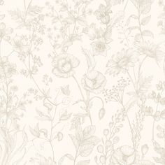 a white wallpaper with flowers and leaves on the bottom half of it, as well as an outline drawing