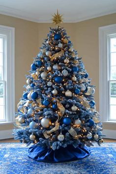 Blue Christmas Tree Royal Blue And Gold Christmas Tree, Christmas Decor Blue And Silver, Silver And Blue Christmas Decorations, Blue Themed Christmas Tree, Blue And Silver Christmas Tree Ideas, Blue And Silver Christmas Decorations, Christmas Tree Themes Unique, Christmas Tree Decorations Blue, Blue Christmas Theme