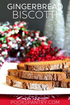 gingerbread biscotti on a white plate with christmas decorations in the background and text overlay