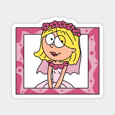 a cartoon girl with blonde hair wearing a pink dress and flowers in her hair is looking at the viewer