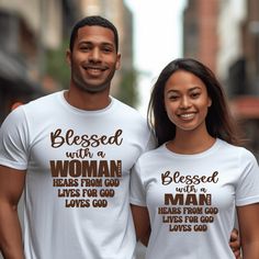 "\"Introducing our 'Blessed with a Man' and 'Blessed with a Woman' Couples T-Shirts - the perfect way for couples to celebrate their unique bond and blessings in life.  These matching shirts are a delightful way to express your gratitude for each other. The 'Blessed with a Man' shirt proudly celebrates the wonderful qualities of the man in the relationship, while the 'Blessed with a Woman' shirt does the same for the woman. Together, they create a harmonious pair that highlights the special connection you share. Whether you're celebrating an anniversary, a special occasion, or simply expressing your love and appreciation, our 'Blessed with a Man' and 'Blessed with a Woman' Couples T-Shirts are a wonderful addition to your wardrobe. Embrace the joy of being blessed with each other and let y Men’s Wear Date Night, Melanin Couples, Couple Shirts Relationships, Couples Attire, Married Couple Shirts, Mr And Mrs Shirts, Prayer For My Marriage, Anniversary Shirts, Wedding Dress Bustle