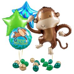 a monkey balloon and some balloons in the shape of stars