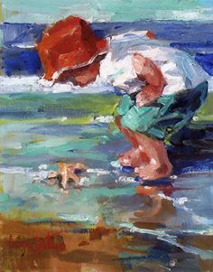 an oil painting of a person playing in the water