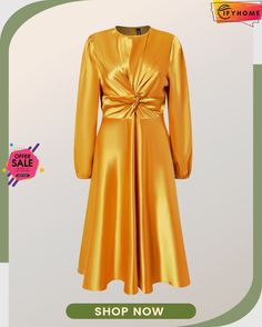 Regular Fit Plain Crew Neck Long Sleeve Dress Gold Midi Dress For Spring Workwear, Spring Gold Midi Dress For Work, Gold Long Sleeve Midi Dress For Spring, Long Sleeve Yellow Dress With Pockets, Yellow Long Sleeve Dress With Pockets, Spring Long Sleeve Gold Midi Dress, Chic Gold Long Sleeve Midi Dress, Yellow Stretch Long Sleeve Midi Dress, Yellow Long Sleeve Cotton Mini Dress