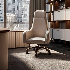 an office chair sits in front of a bookcase with shelves and drawers on it