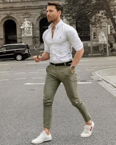 Shirt And Pants Combinations For Men, Olive Green Pants Outfit, Green Pants Outfit, Green Dress Pants, White Shirt Outfits, Pants Outfit Men, Olive Green Pants