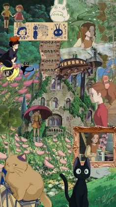 an animated scene with cats and people in the background