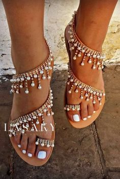 Lasaky - Elegant Handcrafted Beaded Flat Sandals featuring Luxurious Pearl Accents Casual Sandals Womens, Pearl Sandals, Dr Shoes, Embellished Flats, Beaded Flats, Beaded Sandals, Stylish Sandals, Only Shoes, Cute Sandals