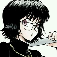 an anime character with glasses holding a knife