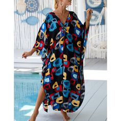 Letters Print Long Kinimo Beachwear Casual Poolside Vacation Cover-up, Trendy V-neck Swimwear For Vacation, Casual Multicolor V-neck Cover-up, Trendy Multicolor Beach Cover-up, Casual Poolside Cover-up For Vacation, Casual Beach Cover-up Swimwear For Resort Season, Casual Swimwear For Resort Season, Casual Multicolor Beach Dress For Vacation, Casual Multicolor Beach Dress For Beach Season