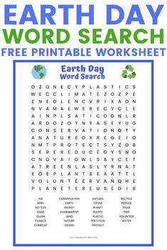 the earth day word search printable worksheet is shown in blue and green