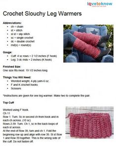 the instructions for crochet slouchy leg warmers are shown in this page