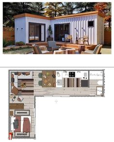 the floor plan for a shipping container home is shown in two separate sections, with one bedroom and another living area