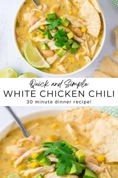 white chicken chili in a bowl with tortilla chips and cilantro on the side