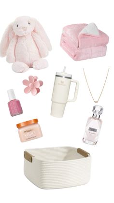 nail polish body scrub perfume victoria secret jewelry necklace stanley water bottle gift basket hair clip flower bunny stuffed animal blanket pink and white Basket Ideas, Gift Basket, Best Friend, Gift Ideas, Pink