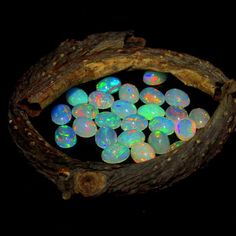 a bunch of opalite stones sitting on top of a tree branch in the dark