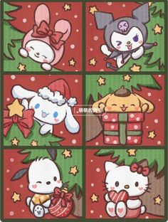 four different pictures of hello kitty and other animals in christmas outfits, with bows on their heads