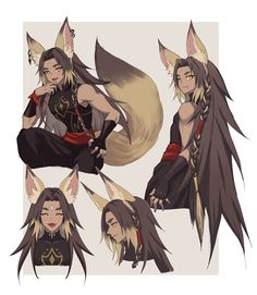 four different poses of an anime character with long hair and black cats on their ears