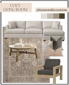 a living room with couches, chairs and rugs in shades of gray and beige