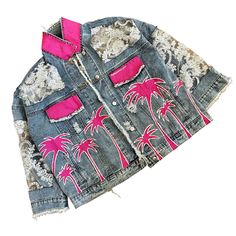 DESCRIPTION Lace and denim jacket. Assorted sized pink palms trees with white outline painted throughout. Collar and front pockets painted pink. Signed @wrenandglory. Due to each piece being hand painted, each jacket might have slight differences. Please allow 1-2 weeks delivery, as each jacket is hand painted, and made to order. LIMITED EDITION - ONLY 100 WILL BE MADE; GET IT BEFORE IT'S SOLD OUT! EACH PIECE IS MADE TO ORDER, HAND PAINTED BY GLORIA AND HER TEAM IN THEIR NYC STUDIO FIT Light wei Denim Jacket With Lace, Jacket With Lace, Patchwork Fashion, Patchwork Coat, Painted Denim Jacket, Nyc Studio, Patchwork Jacket, Painted Denim, Upcycled Denim