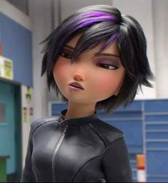 an animated character with purple hair and black leather clothes in a school room, looking to the side