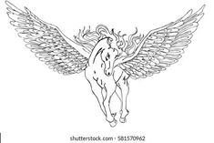 a horse with wings on it's back in black and white, drawn by hand