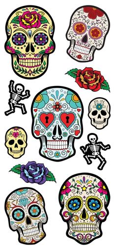 a bunch of sugar skulls with different designs on their faces and body, all in various colors