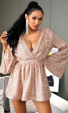 Bedroom Eyes Rose Gold Pink Champagne Sequin Long Sleeve Plunge V Neck – Indie XO Shape Party, Pink Sequin Dress, Party Mini Dress, Flare Long Sleeve, Dress Bra, Pink Sequin, Sequin Fabric, Sequin Mini, Sequin Mini Dress