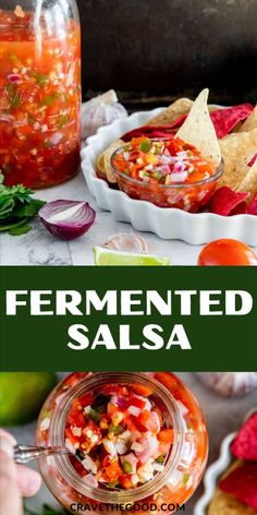 fermented salsa in a glass jar with tortilla chips on the side