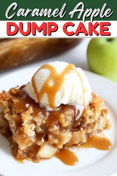 caramel apple dump cake on a white plate with ice cream and caramel drizzle