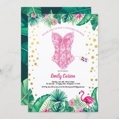 Tropical Flamingo Lingerie Shower Bridal Party Invitation #zazzle #weddinginvitations #birthdayinvitations #babyshowerinvitations #zazzleinvitations #monogram #businesscards #graduation #homedecor Pool Party Fashion, Vintage Bridal Shower Invitations, Beach Bridal Shower Invitations, Bridal Party Invitations, Fiesta Bridal Shower Invitations, Watercolor Flamingo