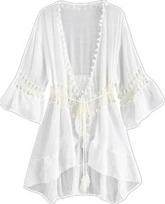 White Open Front Swimwear For Beach Cover-up, White Wrap Swimwear For Beach Season, V-neck Beachwear Cover-up For Day Out, Beachy White V-neck Cover-up, Bohemian White V-neck Swimwear, Fitted Bohemian Cover-up For Vacation, White Wrap Swimwear For Summer, White Wrap Beachwear Swimwear, Beachwear Wrap Cover-up For Vacation