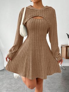 2pcs/Set Women Casual Solid Color Hooded Crop Top And Sleeveless Mini Dress Set, For Autumn Camel Casual    Plain  Slight Stretch,Medium Stretch  Women Clothing, size features are:Bust: ,Length: ,Sleeve Length: Cafe Clothes Style, Cute Fall Clothes For Women, Rich Women Clothes, Brown Crop Sweater Outfit, Classy Casual Dresses For Women, Woman Dresses Casual, Winter Outfits For Short Women, Coffee Brown Dress, Short Tight Dress Outfit